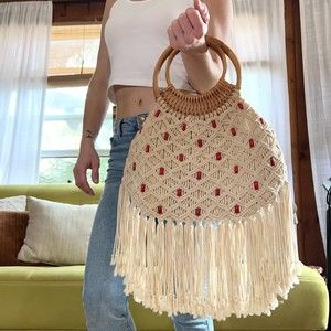 SOLD* Vintage Boho macrame fringe purse with round wooden handles & bead detail